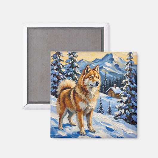 Vintage Samoyed in Alpine Christmas Landscape Magneet (Voorkant / Achterkant)