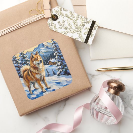 Vintage Samoyed in Alpine Christmas Landscape Vierkante Sticker (Geschenken)