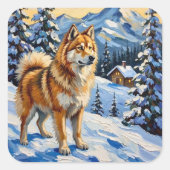 Vintage Samoyed in Alpine Christmas Landscape Vierkante Sticker (Voorkant)