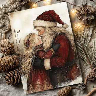 Vintage Santa and Girl Christmas Greeting Card Feestdagenkaart