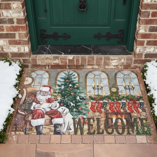 Vintage Santa by the Fireplace Christmas Rustic  Deurmat (Creator heeft geüpload)