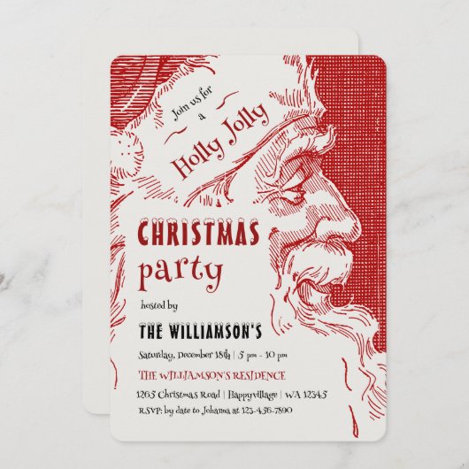 Vintage Santa Christmas Party Invitation Kaart (Voorkant / Achterkant)