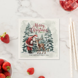 Vintage Santa & Deer Christmas Napkin Servet