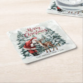 Vintage Santa & Deer Christmas Square Coaster Kartonnen Onderzetters (Schuin)