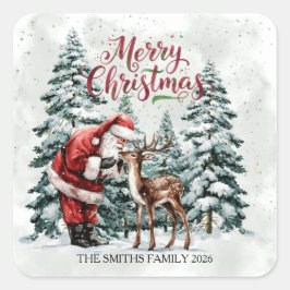 Vintage Santa & Deer Christmas Square Sticker
