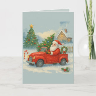 Vintage Santa in Red Car Christmas Watercolor Kaart