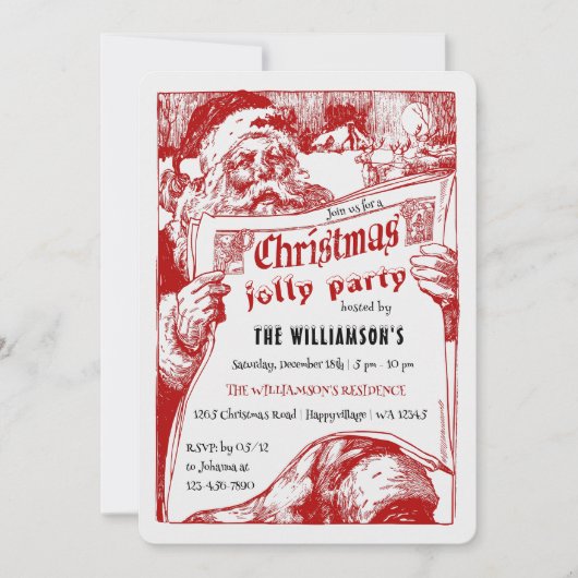 Vintage Santa Newspaper Christmas Party Invitation Kaart (Voorkant)