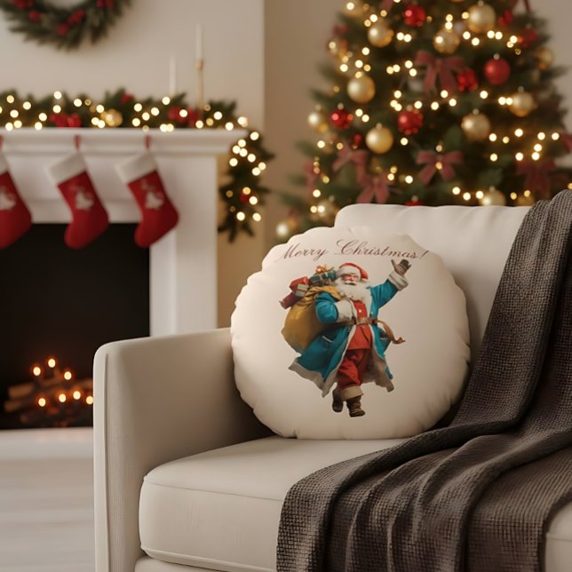Vintage Santa Personalized Christmas Design Rond Kussen (Creator heeft geüpload)