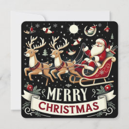 Vintage Santa & Reindeer Starry Night Christmas  Kaart