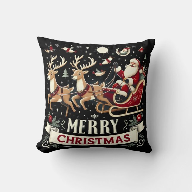 Vintage Santa & Reindeer Starry Night Christmas  Kussen (Voorkant)