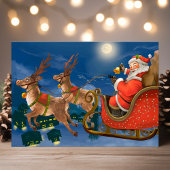 Vintage Santa Sleigh Reindeer Holiday Briefkaart