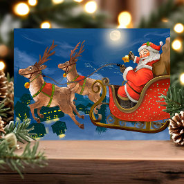 Vintage Santa Sleigh Reindeer Holiday Briefkaart