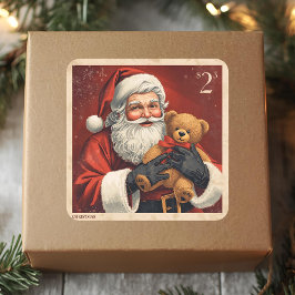 Vintage Santa with Teddy Bear Christmas Postage  Vierkante Sticker