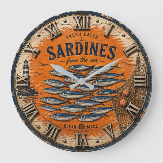 Vintage Sardines Coastal Nautical Kitchen Grote Klok (Voorkant)