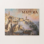 Vintage Sassi di Matera Italy Travel Watercolor Legpuzzel<br><div class="desc">Matera Italy retro vintage travel art in watercolor painting style, featuring a luminous romantic landscape of the ancient Sassi di Matera. This atmospheric European townscape captures misty light, sun-washed architecture, and soft golden tones, evoking 19th-century watercolor techniques. The historic stone dwellings of Basilicata rise through the fog in a composition...</div>