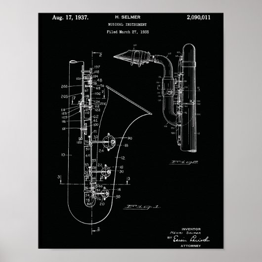 Vintage Saxophone Patent Art Print (Voorkant)