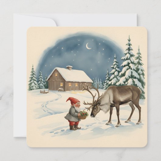 Vintage Scandinavian Christmas Tomte & Reindeer Kaart (Voorkant)