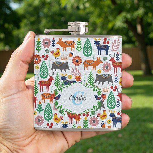 Vintage Scandinavische Folk Art Monogram Patroon Heupfles