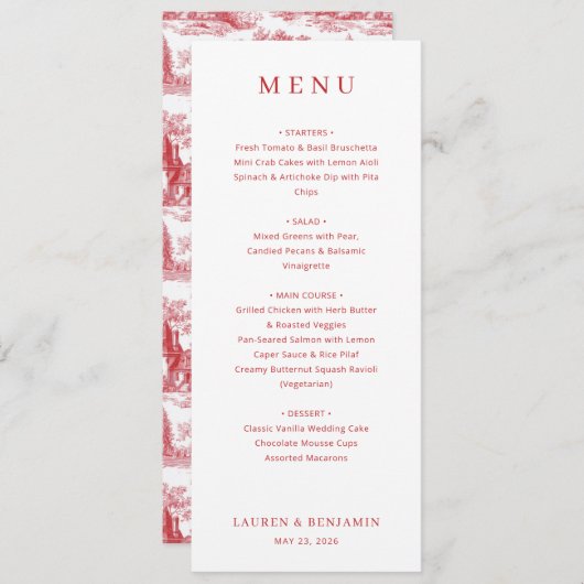 Vintage Scarlet Château Wedding Menu (Voorkant / Achterkant)