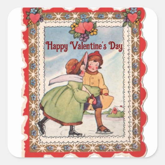 Vintage Schaatsende Koppel Vierkante Sticker (Voorkant)
