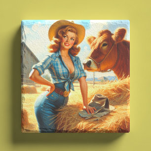 Vintage Schattige Cowgirl Pin-up Stenen Onderzetter