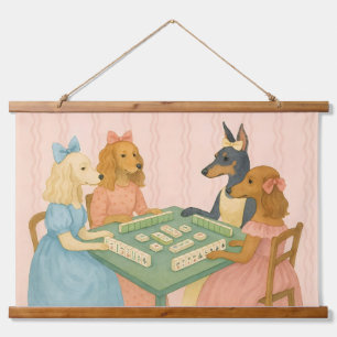 Vintage Schattige Honden die Mahjong Spelen Hangend Wandkleed