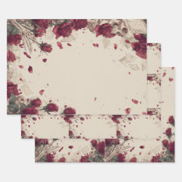 Vintage Schedel Skull Love Rode Roos Collage Inpakpapier Vel