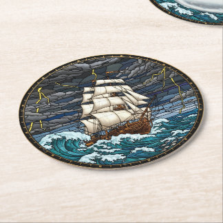 Vintage scheeps coaster, stormachtige zee, maritie ronde kartonnen onderzetter