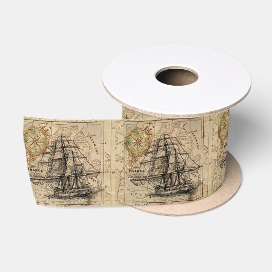 Vintage Scheeps- en Kaart Satijnen Lint (Spoel)
