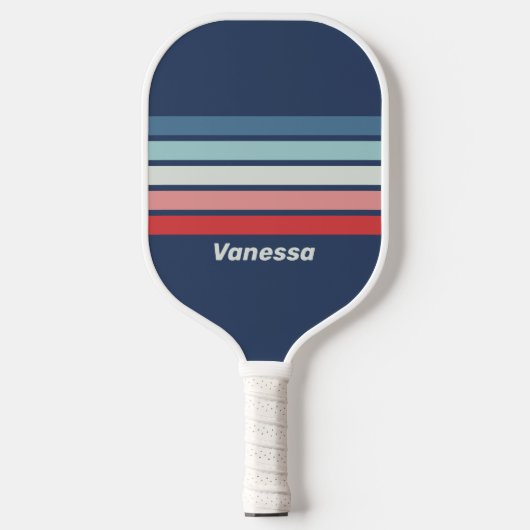 Vintage scheepsblauw gestreept met naam pickleball paddle (Voorkant)