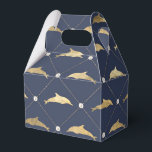 Vintage scheepvaart thema in navyblauw en goud met bedankdoosjes<br><div class="desc">Favorietdozen met een gouden vintage dolfijn met een blauw en goud parelmoer roosterpatroon.</div>