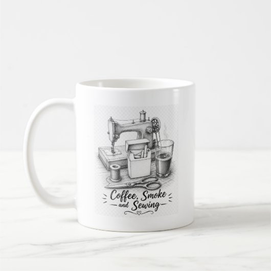 Vintage schets koffiemok cadeau voor naaister (Links)