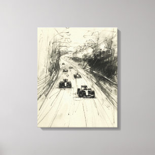 Vintage schets van Formule 1 race op het circuit Canvas Afdruk