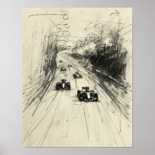 Vintage schets van Formule 1 race op het circuit Poster