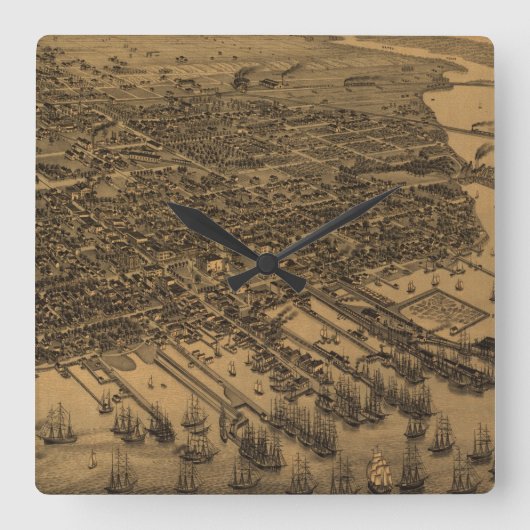 Vintage SchilderKaart van Pensacola (1885) Vierkante Klok (Voorkant)