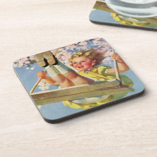 Vintage Schommel, Meisje dat in een Boom Speelt Bier Onderzetter