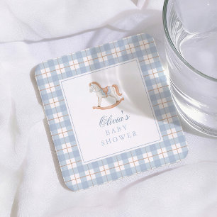 Vintage Schommelpaard Blauw Gingham Baby Shower Kartonnen Onderzetters