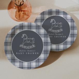 Vintage Schommelpaard Preppy Gingham Babyborrel Papieren Bordje