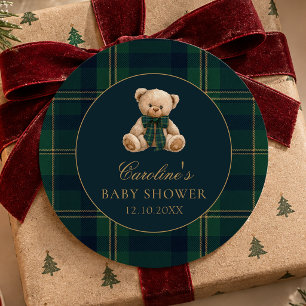 Vintage Schotse Tartan Teddybeer Baby Shower Stick Ronde Sticker