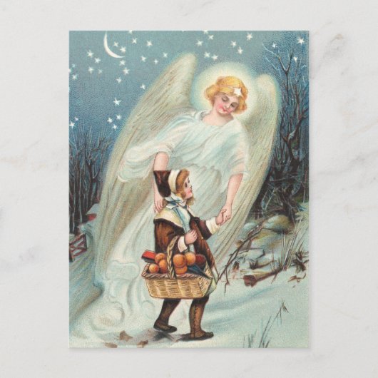 Vintage Schutzengel mit Mädchen im Schnee Briefkaart (Voorkant)