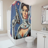 Vintage Sci-fi Astronaut Girl Douchegordijn (In situ)