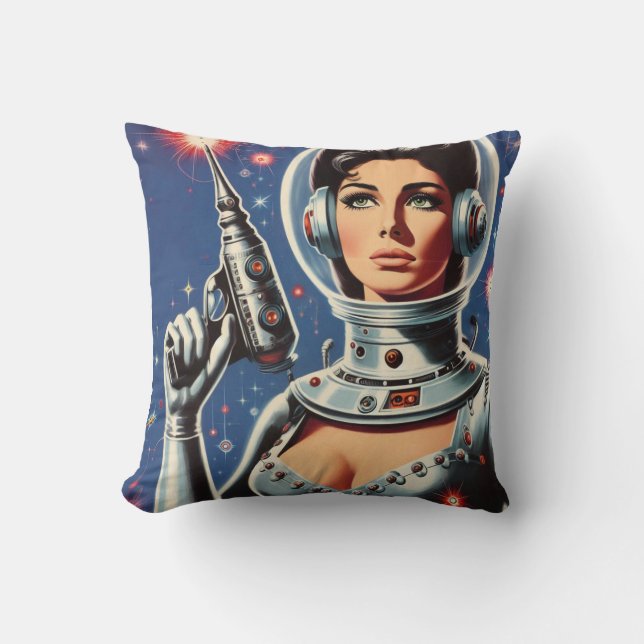 Vintage Sci-fi Ruimtevaartmeisje Kussen (Voorkant)