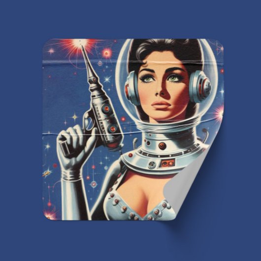 Vintage Sci-fi Ruimtevaartmeisje Vierkante Sticker