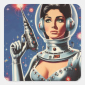 Vintage Sci-fi Ruimtevaartmeisje Vierkante Sticker (Voorkant)
