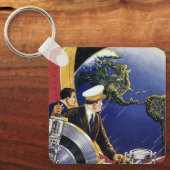 Vintage Science Fiction Astronauts Orbiting Earth Sleutelhanger (Voorkant)