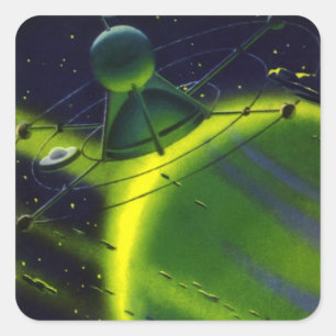 Vintage Science Fiction Groene Planeet met Ruimtes Vierkante Sticker
