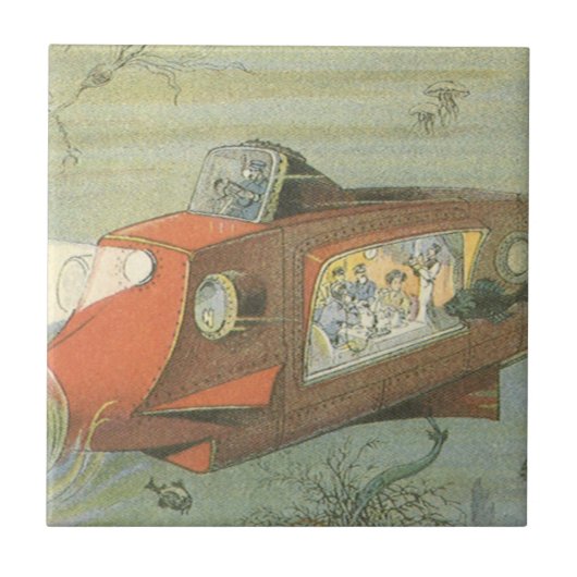 Vintage Science Fiction Stoomtech Onderzeeër in Ze Tegeltje (Voorkant)