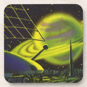 Vintage Sciencefiction Neon Groen Planeet met Ring Drankjes Onderzetter