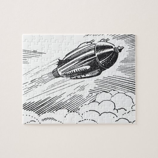 Vintage sciencefiction-ruimteschip-raket in wolken legpuzzel (Horizontaal)
