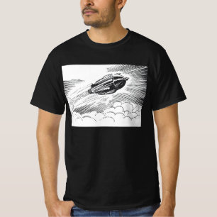 Vintage sciencefiction-ruimteschip-raket in wolken t-shirt